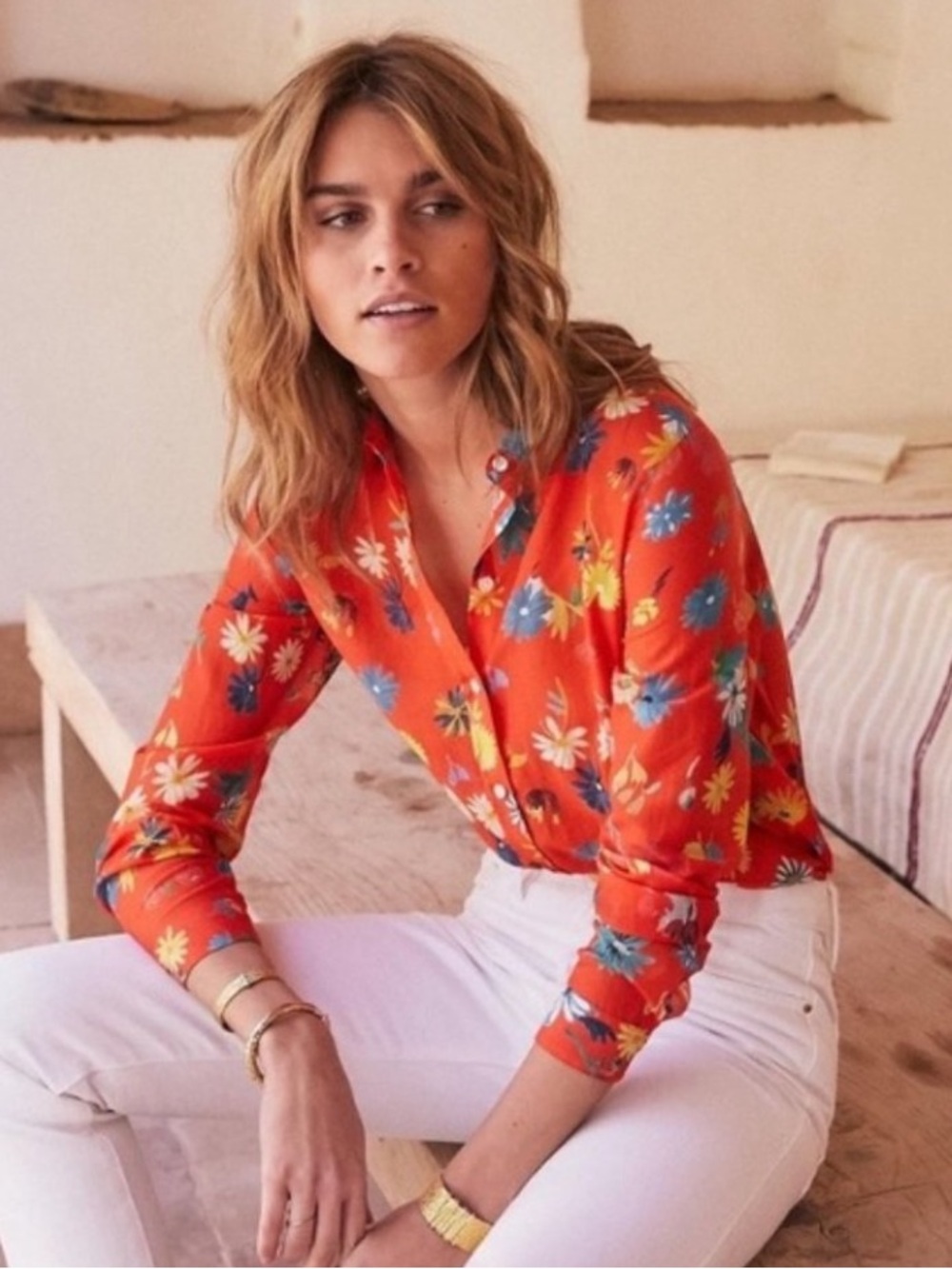 Sezane Red Floral Button-Up Blouse